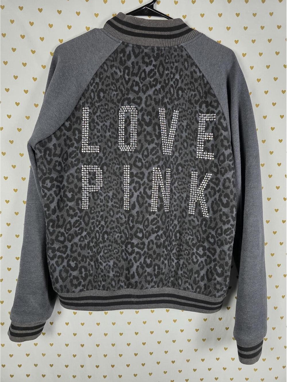 Victorias Secret Pink BLING CHEETAH LEOPARD Logo Varsity Bomber LARGE